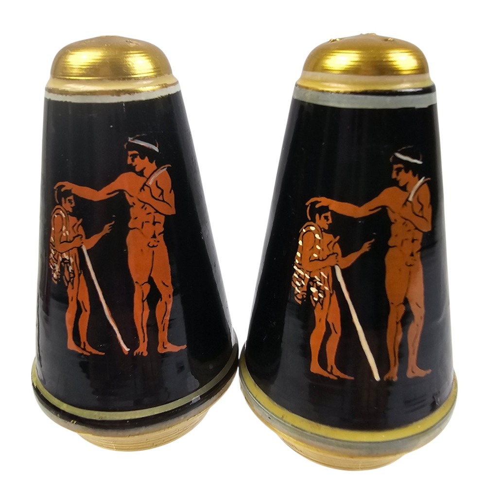 Haytsali Greek Pottery Salt and Pepper Shakers Black Gold Red Figure Ceramic